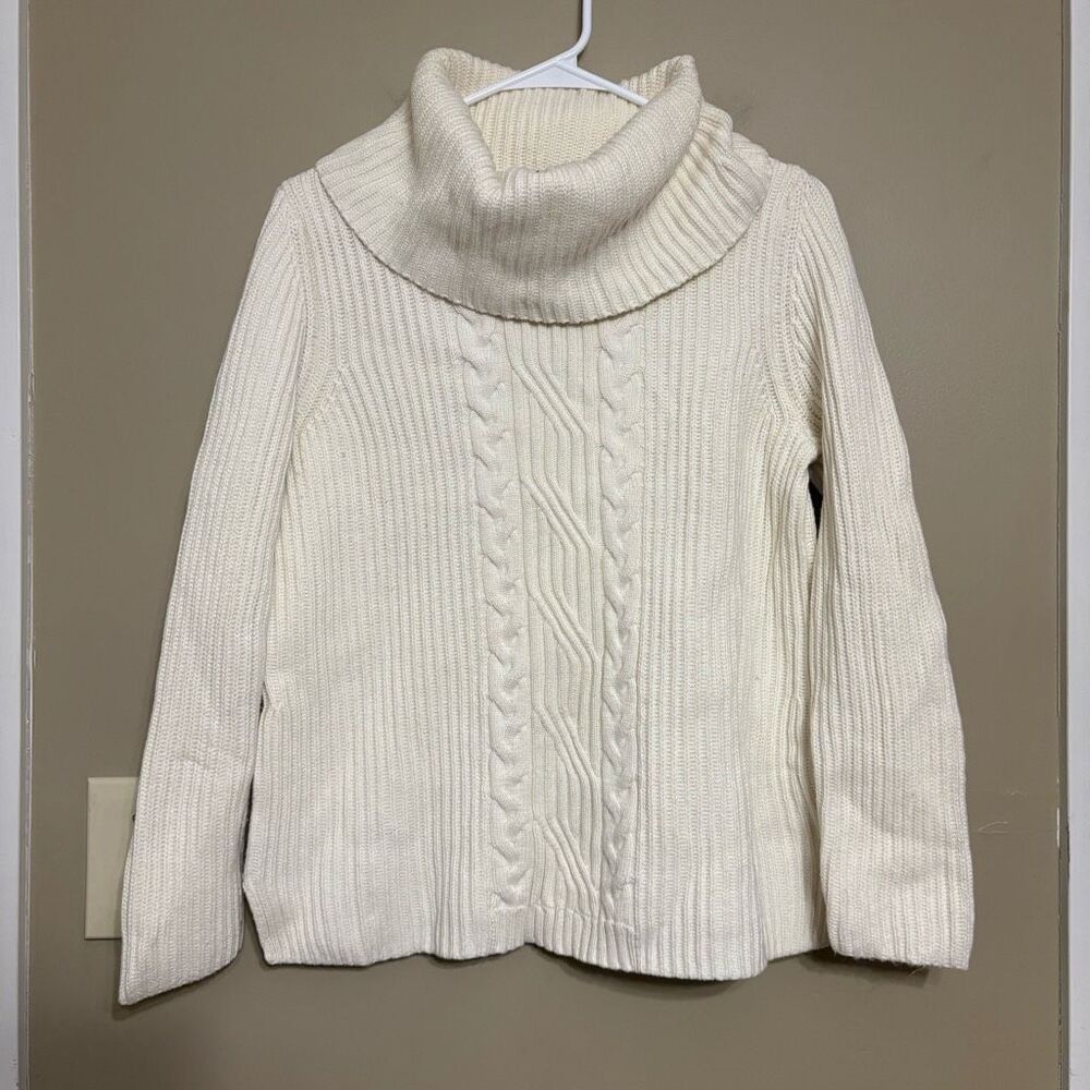 Talbots Ivory Cowl Neck Cable Knit Sweater Cotton Blend Petite Large